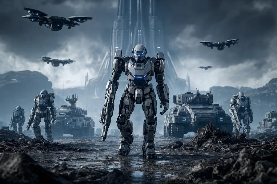 Armored Robot Patrol In Sci Fi Battlefield Military Wallpaper  6 4K