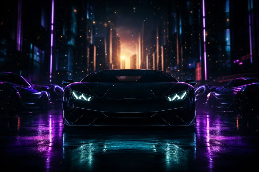 Black Lamborghini On Neon Street At Night Cars Wallpaper  1 4K