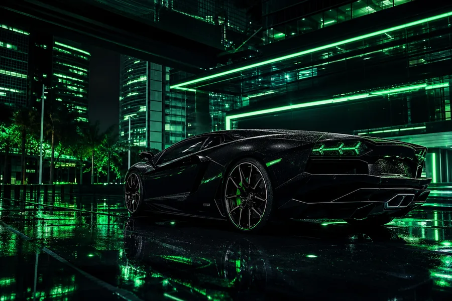 Black Lamborghini On Neon Street At Night Cars Wallpaper  1 4K