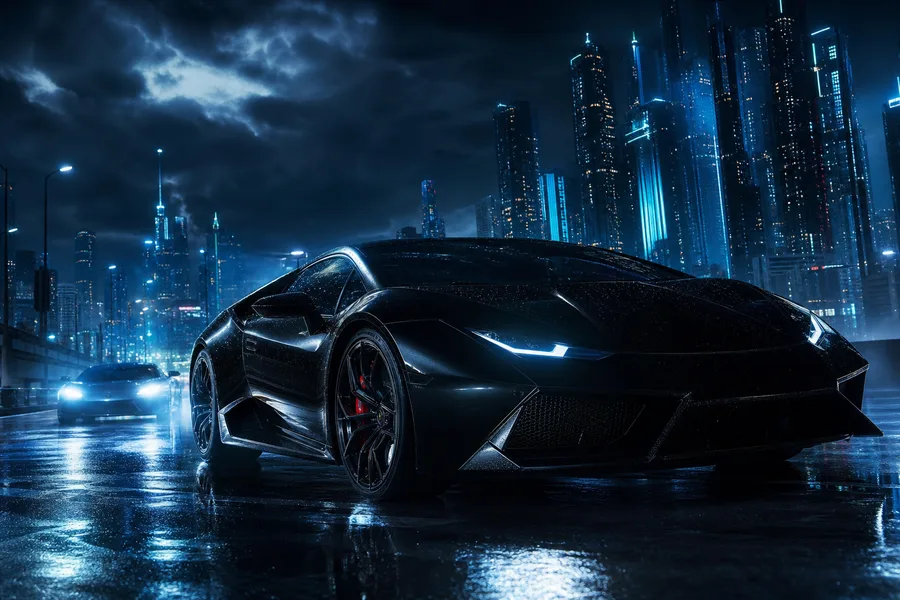 Black Lamborghini On Neon Street At Night Cars Wallpaper  1 4K