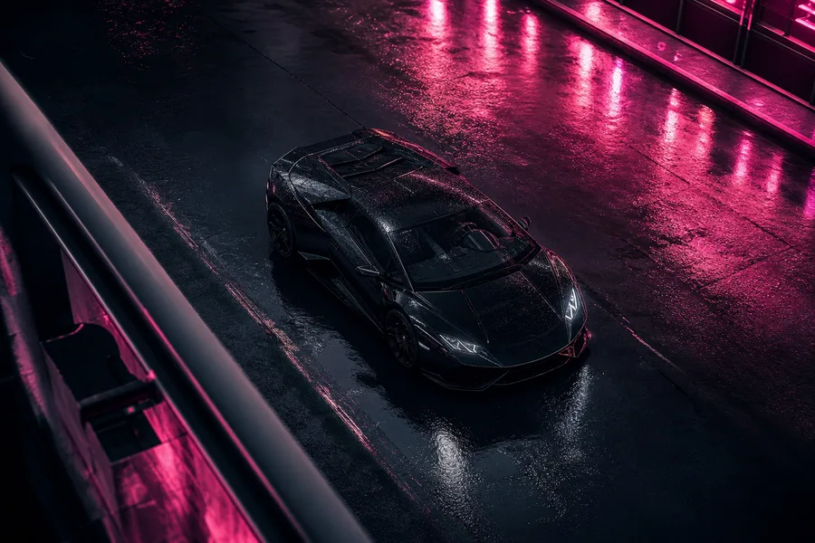 Black Lamborghini On Neon Street At Night Cars Wallpaper  1 4K