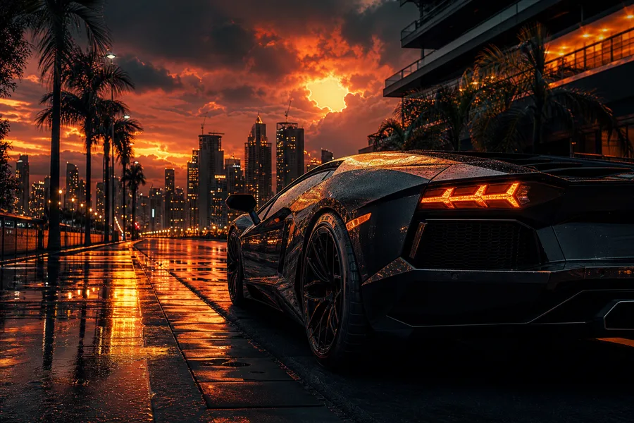 Black Lamborghini On Neon Street At Night Cars Wallpaper  1 4K
