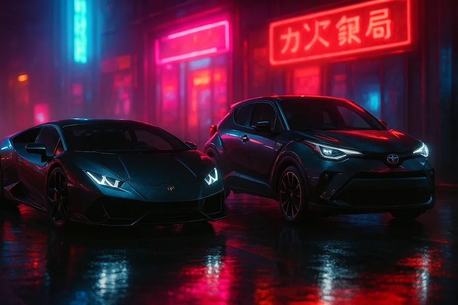 Black Lamborghini On Neon Street At Night Cars Wallpaper  1 4K