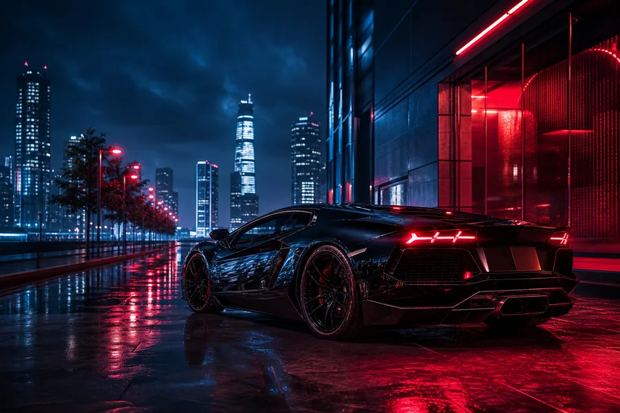 Black Lamborghini On Neon Street At Night Cars Wallpaper  1 4K