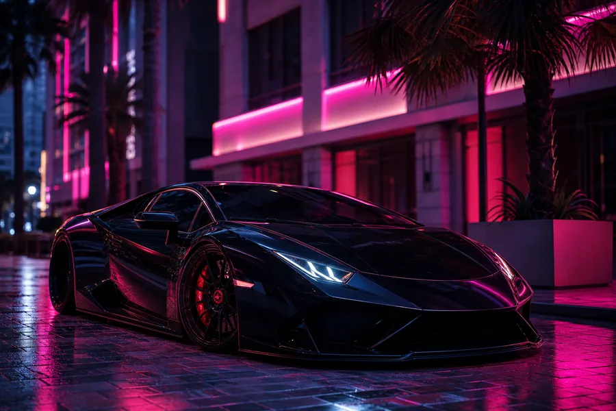 Black Lamborghini On Neon Street At Night Cars Wallpaper  1 4K
