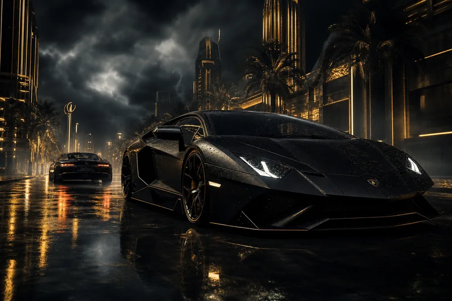 Black Lamborghini On Neon Street At Night Cars Wallpaper  1 4K