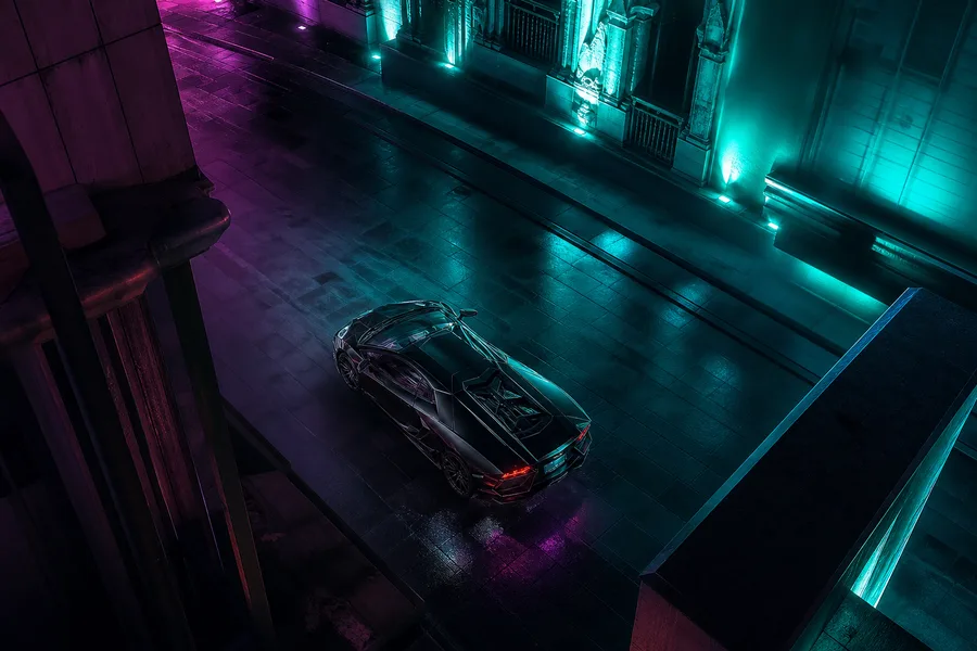 Black Lamborghini On Neon Street At Night Cars Wallpaper  1 4K