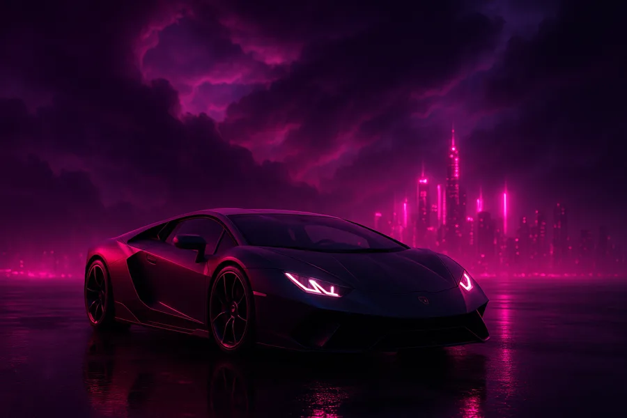 Black Lamborghini On Neon Street At Night Cars Wallpaper  1 4K