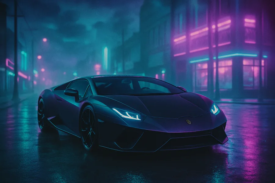 Black Lamborghini On Neon Street At Night Cars Wallpaper  1 4K