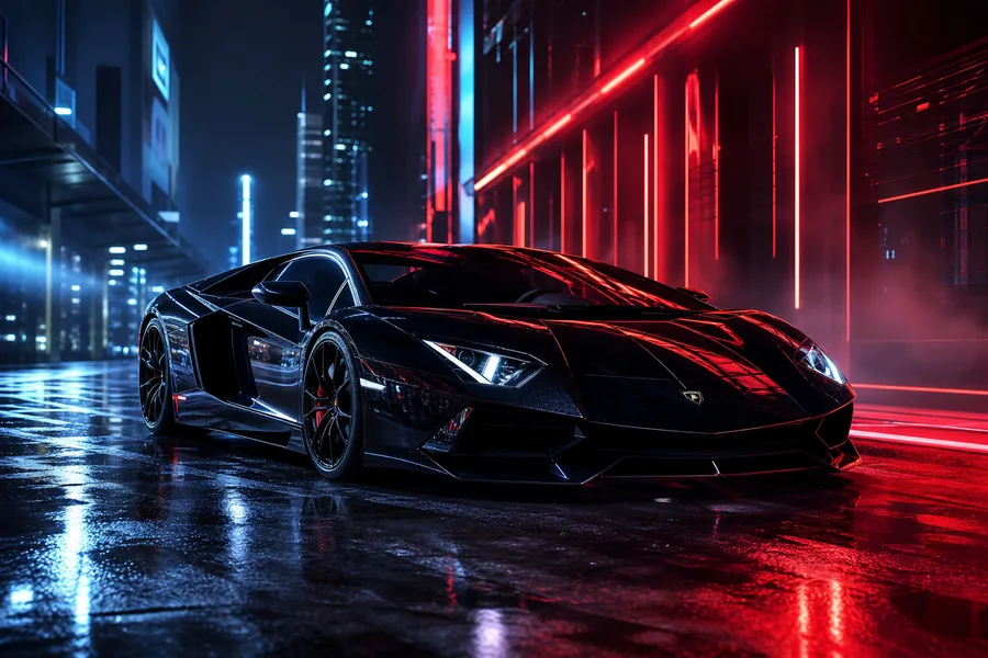 Black Lamborghini On Neon Street At Night Cars Wallpaper  1 4K
