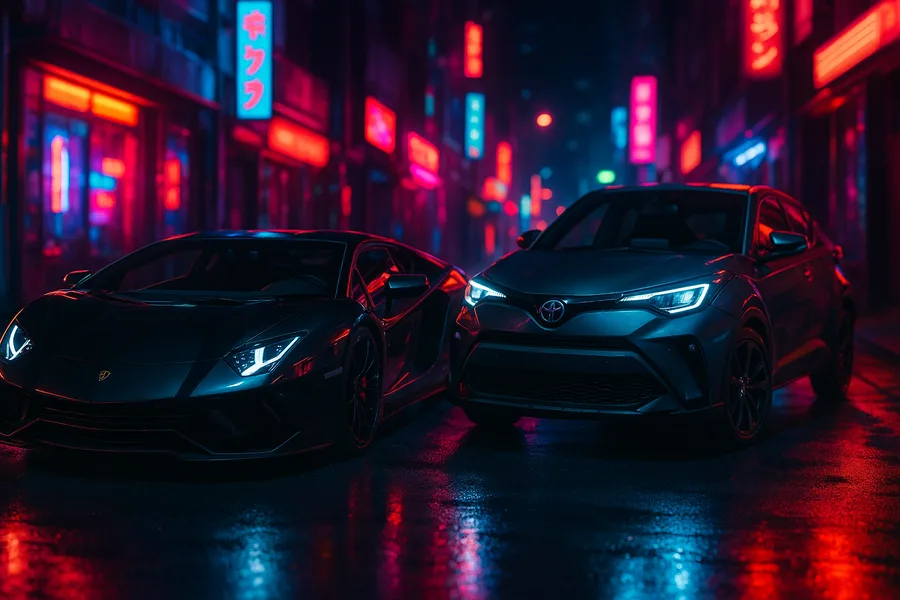 Black Lamborghini On Neon Street At Night Cars Wallpaper  9 4K