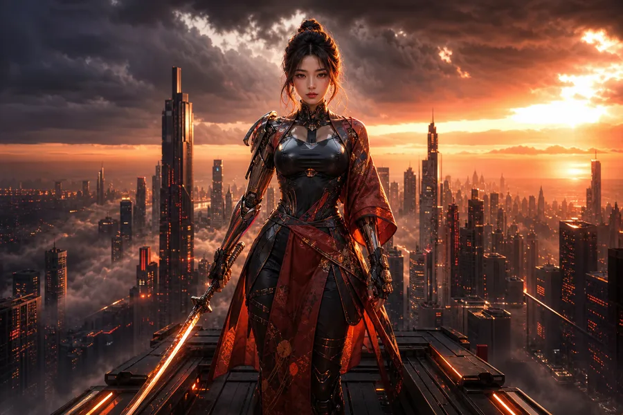 Cyber Samurai Standing On Skyscraper Ai-Girls Wallpaper  5 4K