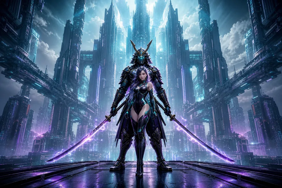 Cyber Samurai Standing On Skyscraper Ai-Girls Wallpaper  5 4K