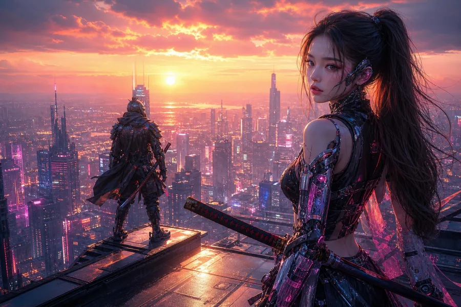 Cyber Samurai Standing On Skyscraper Ai-Girls Wallpaper  5 4K