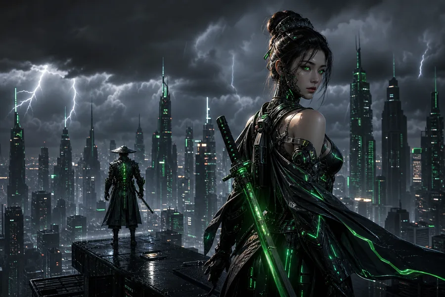 Cyber Samurai Standing On Skyscraper Ai-Girls Wallpaper  5 4K