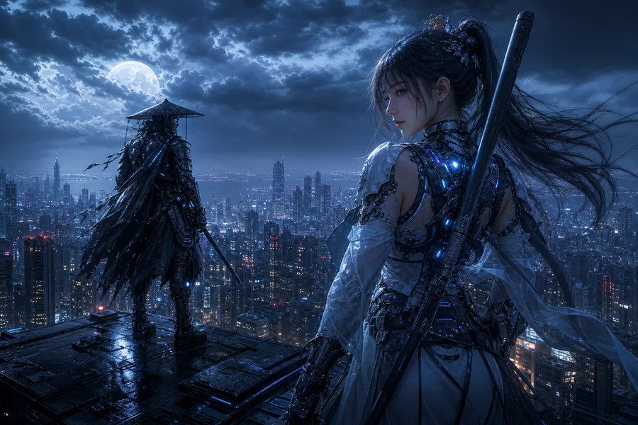 Cyber Samurai Standing On Skyscraper Ai-Girls Wallpaper  5 4K