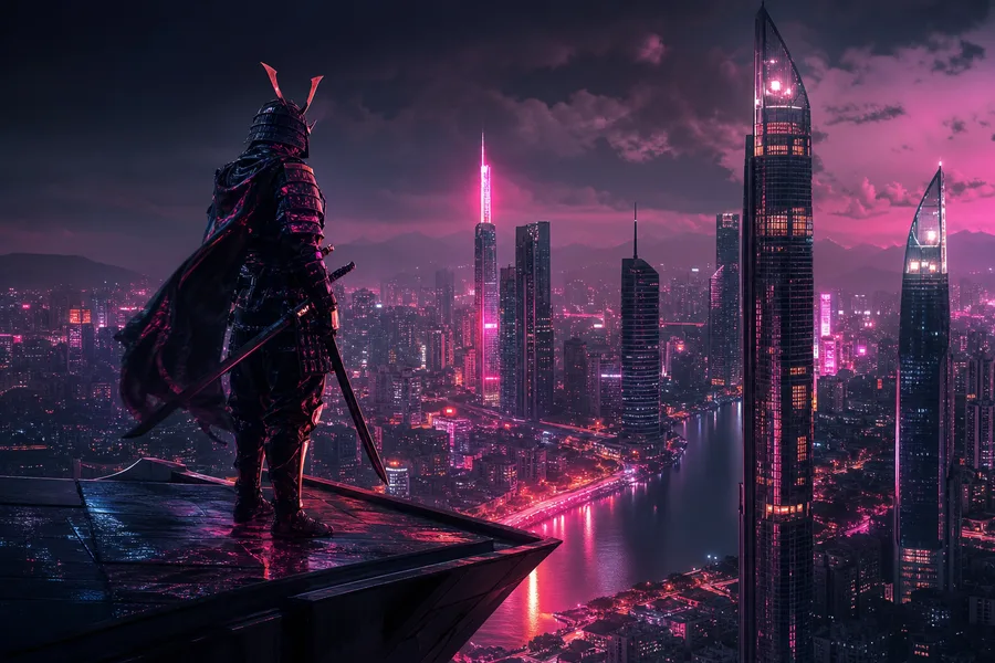 Cyber Samurai Standing On Skyscraper Architecture Wallpaper  5 4K