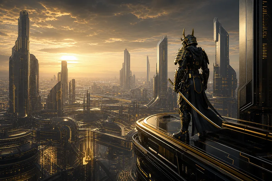 Cyber Samurai Standing On Skyscraper Architecture Wallpaper  5 4K
