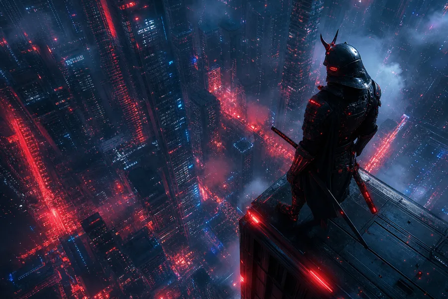 Cyber Samurai Standing On Skyscraper Architecture Wallpaper  5 4K