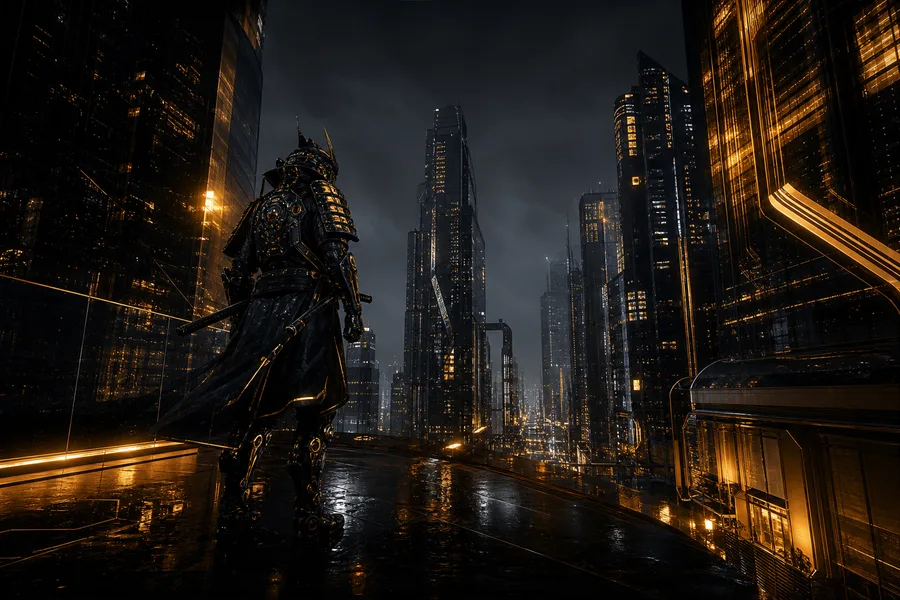 Cyber Samurai Standing On Skyscraper Architecture Wallpaper  5 4K