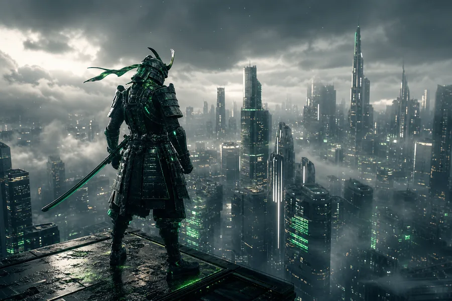 Cyber Samurai Standing On Skyscraper Architecture Wallpaper  5 4K