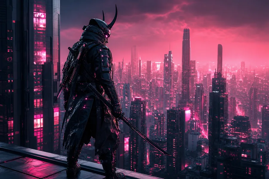 Cyber Samurai Standing On Skyscraper Architecture Wallpaper  5 4K