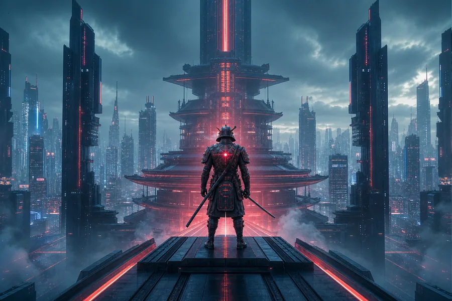 Cyber Samurai Standing On Skyscraper Architecture Wallpaper  5 4K