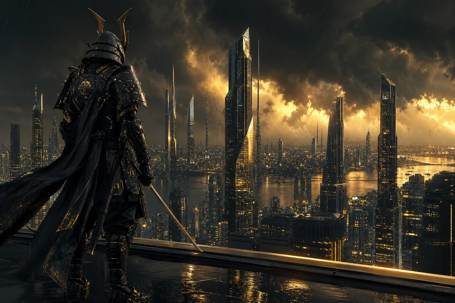Cyber Samurai Standing On Skyscraper Architecture Wallpaper  5 4K