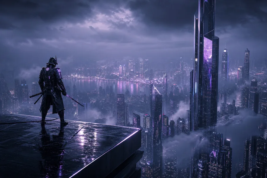 Cyber Samurai Standing On Skyscraper Architecture Wallpaper  5 4K