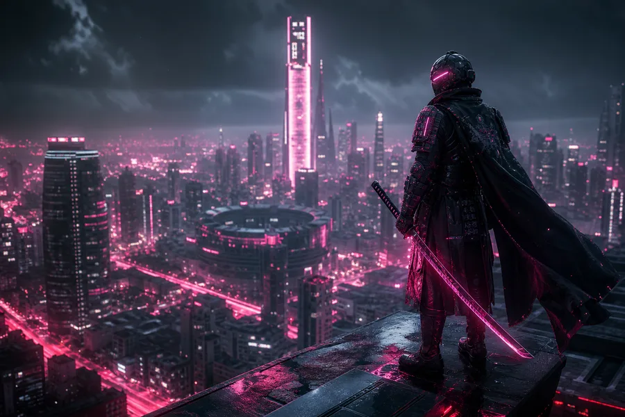 Cyber Samurai Standing On Skyscraper Architecture Wallpaper  5 4K
