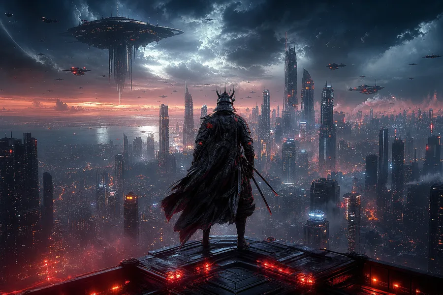 Cyber Samurai Standing On Skyscraper Art Wallpaper  21 4K