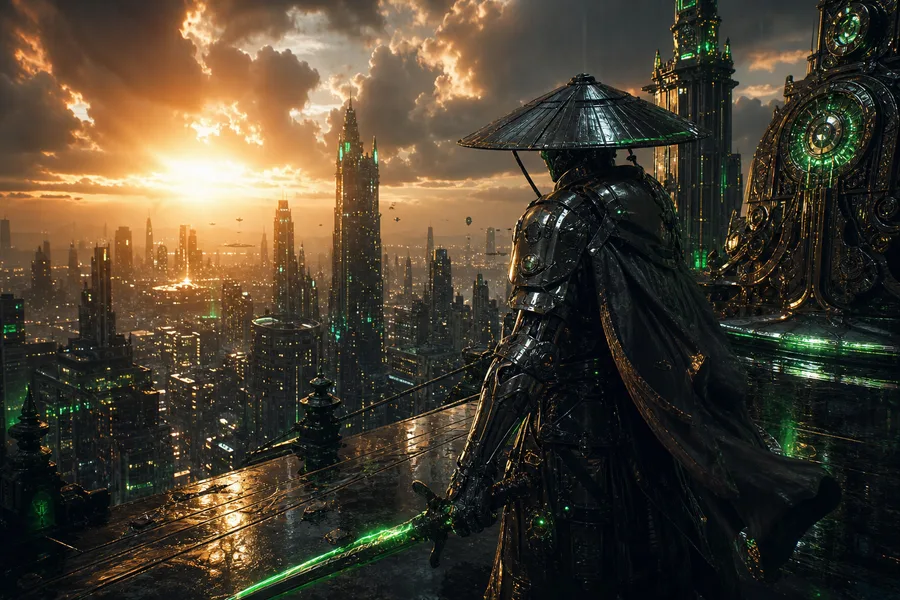 Cyber Samurai Standing On Skyscraper Art Wallpaper  5 4K