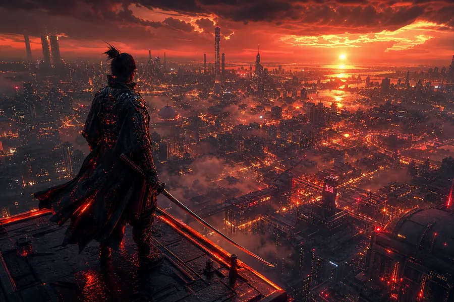 Cyber Samurai Standing On Skyscraper Cyberpunk Wallpaper  5 4K
