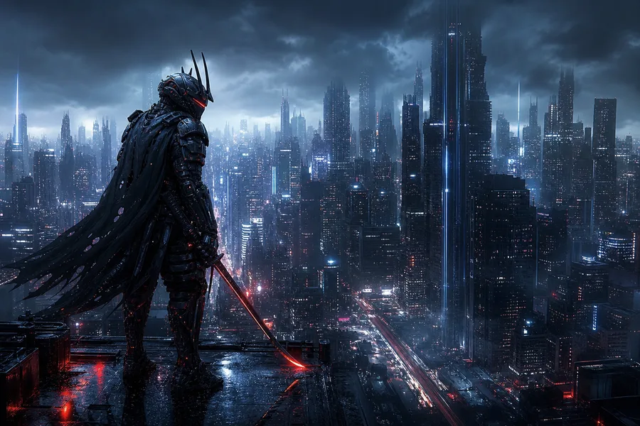 Cyber Samurai Standing On Skyscraper Cyberpunk Wallpaper  5 4K