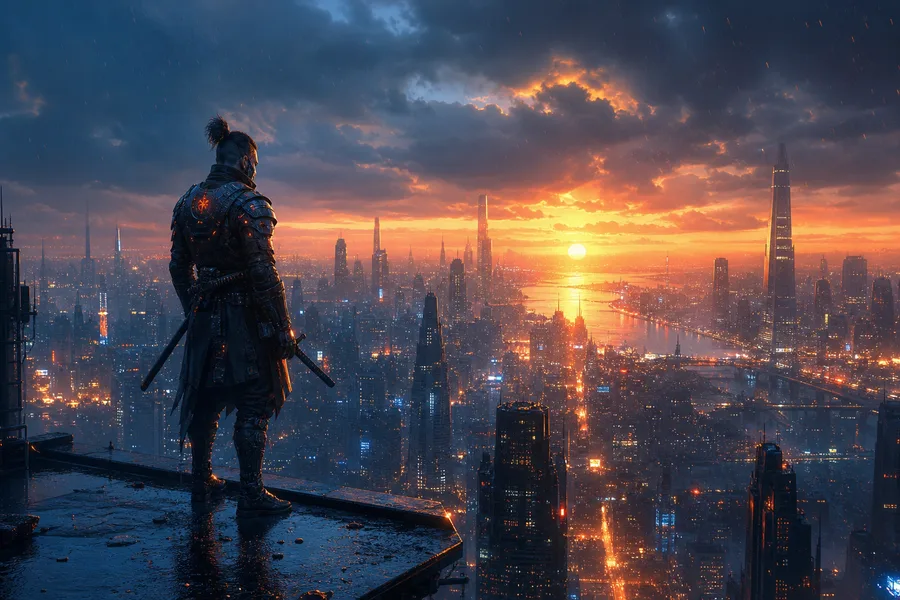 Cyber Samurai Standing On Skyscraper Cyberpunk Wallpaper  5 4K