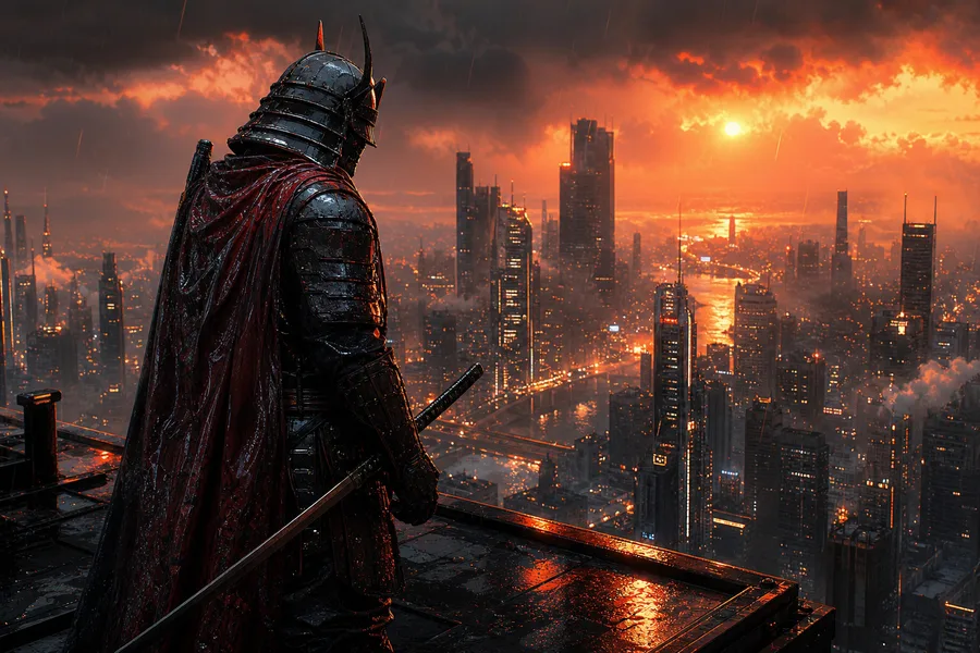 Cyber Samurai Standing On Skyscraper Cyberpunk Wallpaper  5 4K