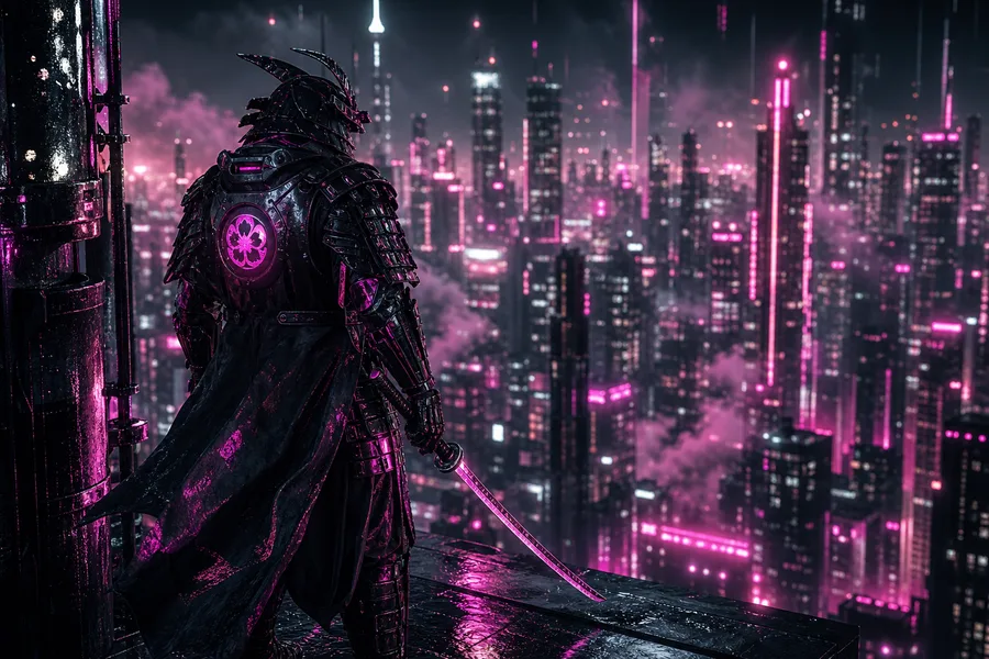 Cyber Samurai Standing On Skyscraper Cyberpunk Wallpaper  5 4K