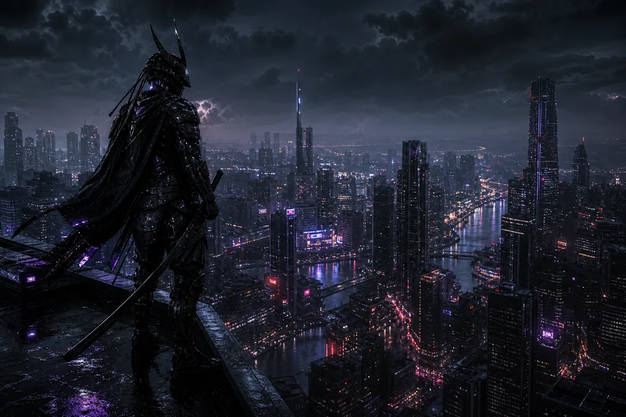 Cyber Samurai Standing On Skyscraper Cyberpunk Wallpaper  5 4K