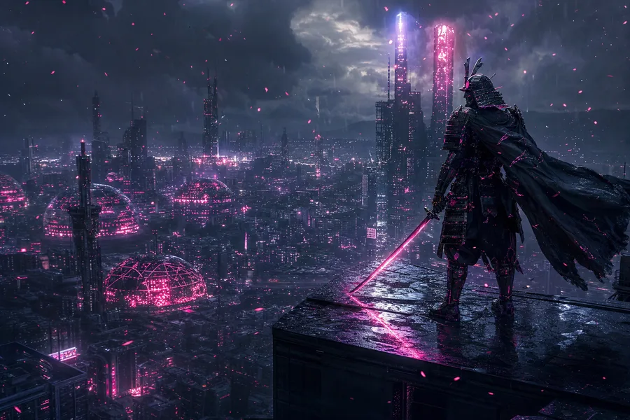 Cyber Samurai Standing On Skyscraper Cyberpunk Wallpaper  5 4K