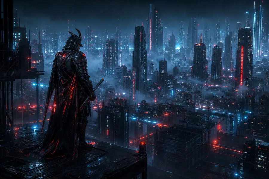 Cyber Samurai Standing On Skyscraper Cyberpunk Wallpaper  5 4K
