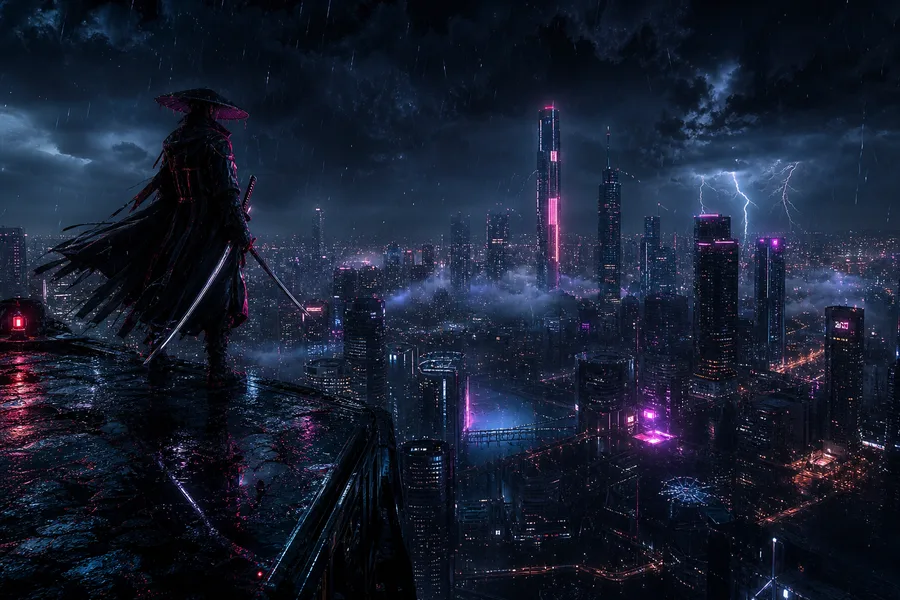 Cyber Samurai Standing On Skyscraper Cyberpunk Wallpaper  5 4K
