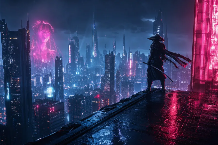 Cyber Samurai Standing On Skyscraper Cyberpunk Wallpaper  5 4K