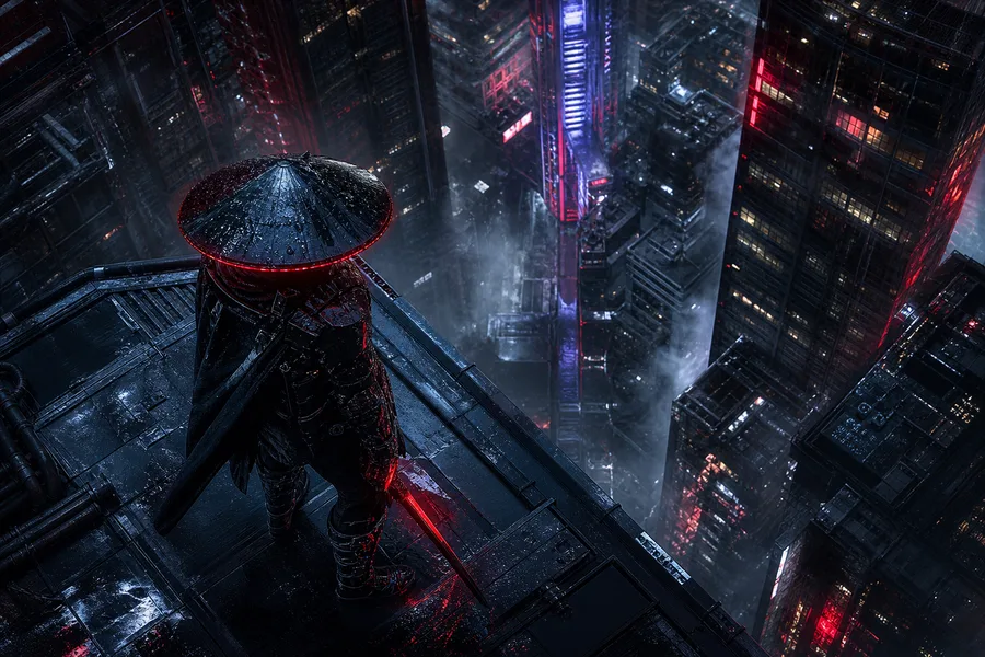 Cyber Samurai Standing On Skyscraper Cyberpunk Wallpaper  5 4K