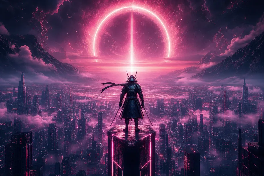 Cyber Samurai Standing On Skyscraper Fantasy Wallpaper  5 4K