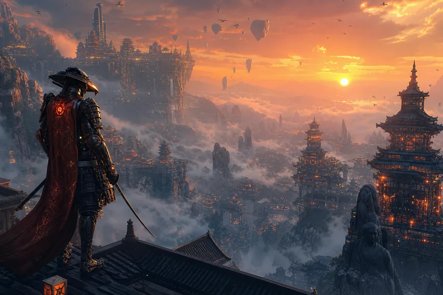Cyber Samurai Standing On Skyscraper Fantasy Wallpaper  5 4K