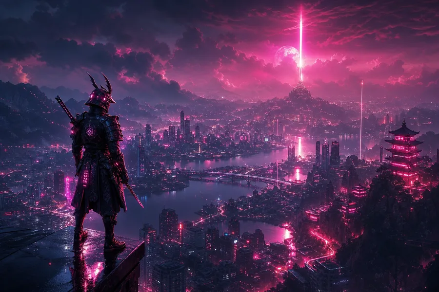 Cyber Samurai Standing On Skyscraper Fantasy Wallpaper  5 4K