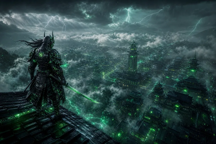 Cyber Samurai Standing On Skyscraper Fantasy Wallpaper  5 4K