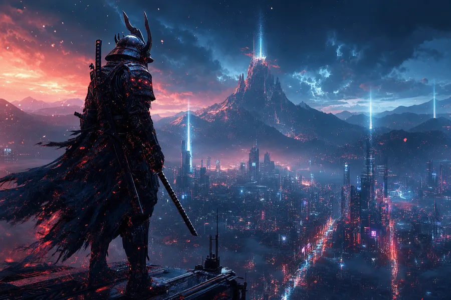 Cyber Samurai Standing On Skyscraper Fantasy Wallpaper  5 4K