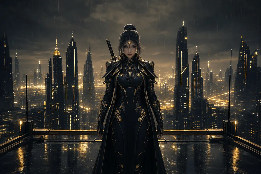 Cyber Samurai Standing On Skyscraper Female-Androids Wallpaper  5 4K