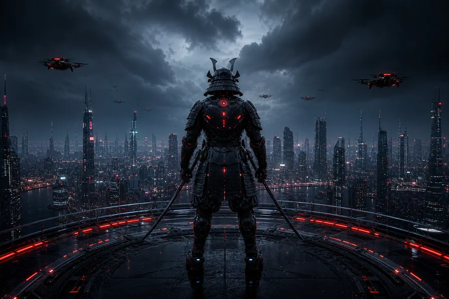 Cyber Samurai Standing On Skyscraper Hamster-Robotics Wallpaper  5 4K